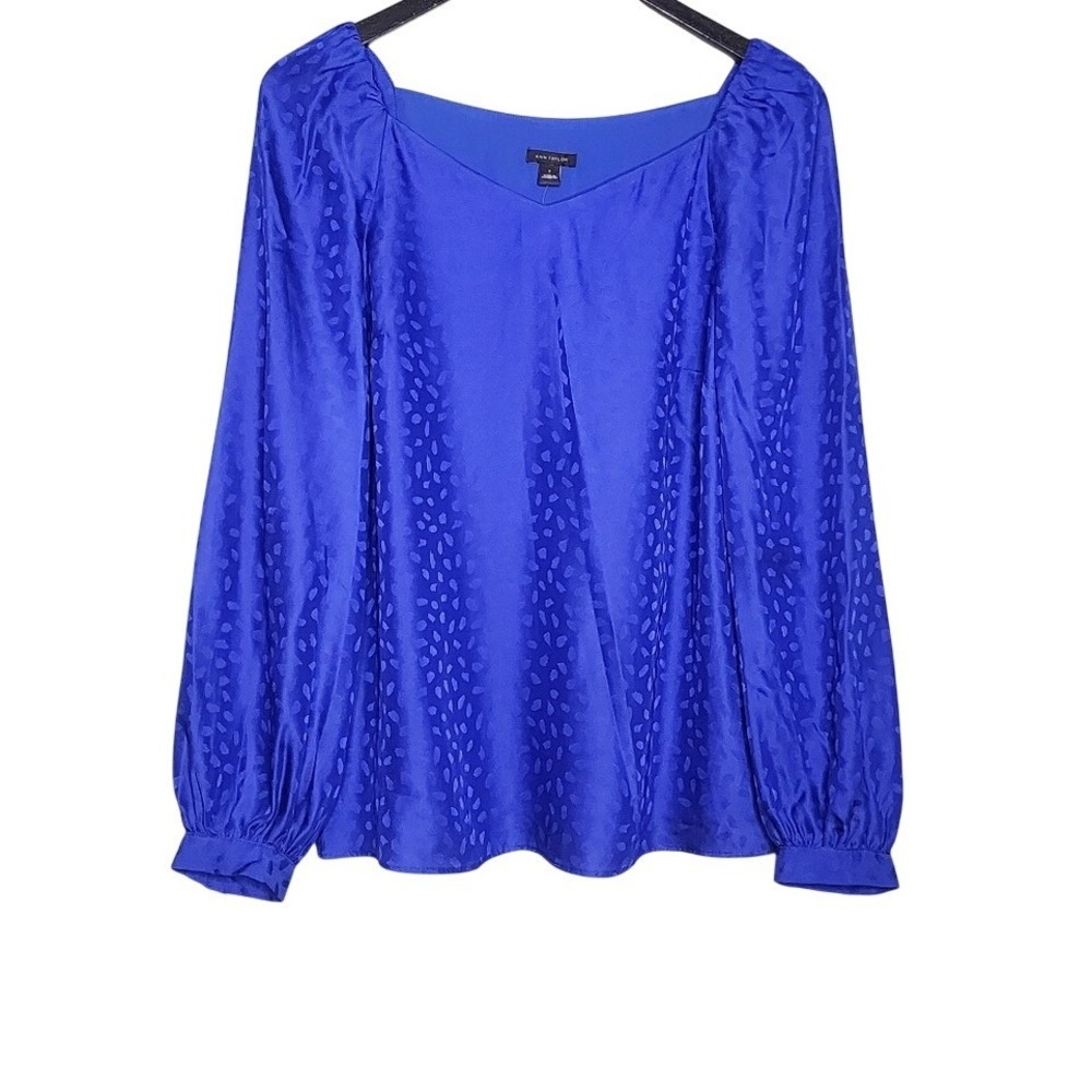 Ann Taylor Satin‎ Blue Blouse V Neck Pullover Long Puff Sleeve Work Office S